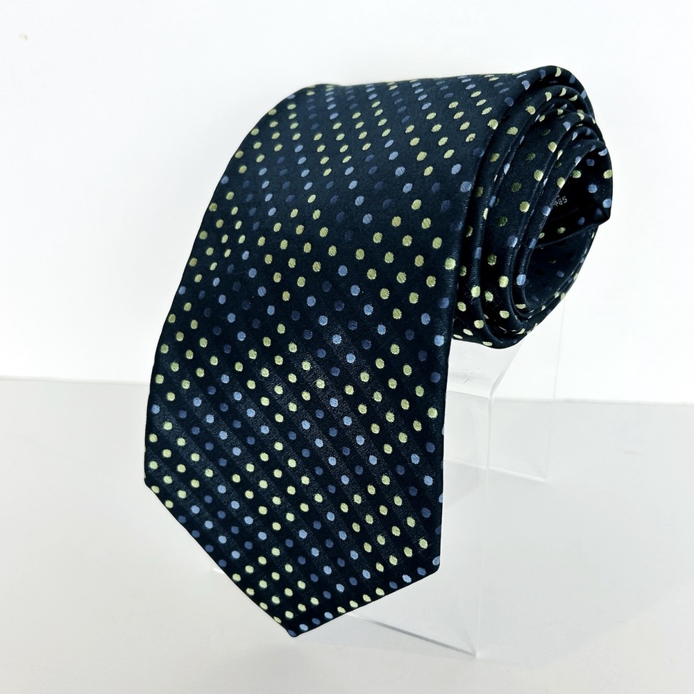 Stafford NeckTie Men's Navy Blue Green Polka Dot Print 100% Silk 58" Made In USA